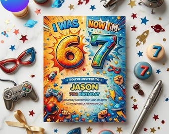 I Was 6 Now 7 Birthday Invitation, Comic Style, 7th Birthday Party (Digital Download)
