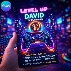 May include: A birthday party invitation with a neon design. The invitation says "Level Up David is turning 10." A game controller graphic is featured. The event details include the date, time, location, and RSVP information.