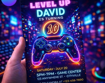 Neon Gamer Birthday Invitation, Retro Arcade Party (Digital Download)