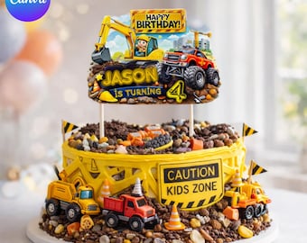 Construction Birthday Cake Topper, Editable Printable, Kids Party Decoration, Instant Download Digital File, Birthday Party Decor