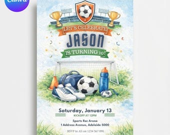 Soccer Birthday Invitation, Watercolor Football Theme, Editable Canva Template (Digital Download)