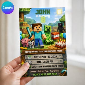 May include: A birthday party invitation featuring a Minecraft theme. The invitation includes the text "JOHN is turning 8" and "YOU'RE INVITED TO A JOHN BIRTHDAY PARTY!" with the date, time, and location. The design includes Minecraft characters and elements.