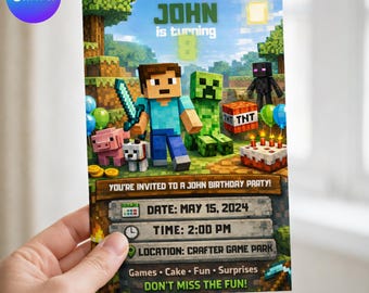 Editable Pixel Block Birthday Party Invitation Template,Digital Gamer Party Invite,Canva template,Crafter Boys Birthday Party,