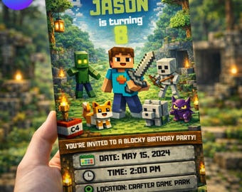 Editable Pixel Block Birthday Party Invitation Template,Digital Gamer Party Invite,Canva template,Crafter Boys Birthday Party,