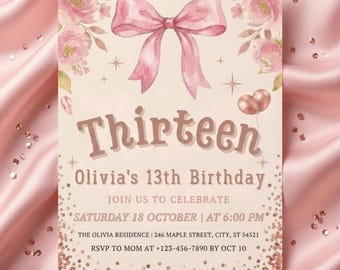 Pink Floral Birthday Invitation, Rose Gold Glitter, Editable Canva Template