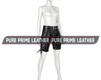 Women's Genuine Leather Lace-Up Shorts Black High Waist Biker Shorts with Front Zipper