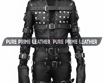 Camisa de fuerza de cuero negro auténtico para hombre con pantalones de cuero con cremallera