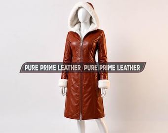 Women’s Brown Genuine Leather Hooded Coat – Fur Trim Winter Leather Long Jacket