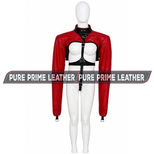 Unisex Red Genuine Leather Straitjacket Bolero – Buckle Harness Cropped Jacket, Gothic Costume