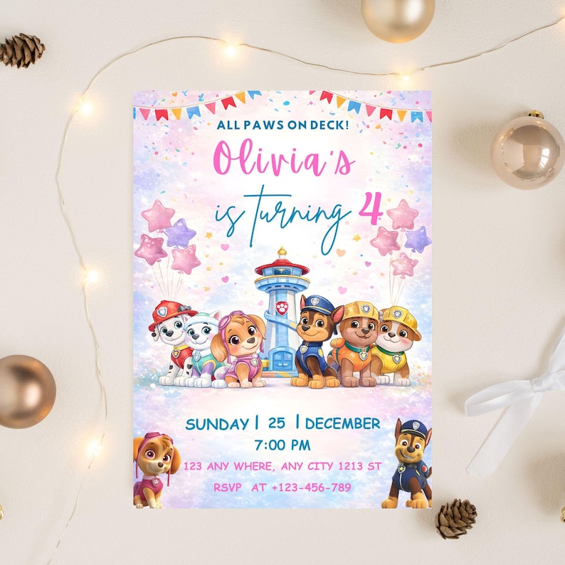May include: A colourful Paw Patrol birthday invitation. The design includes the text "ALL PAWS ON DECK! Olivia's is turning 4", cartoon characters, star balloons, and a lighthouse. The date and time of the party are also displayed.