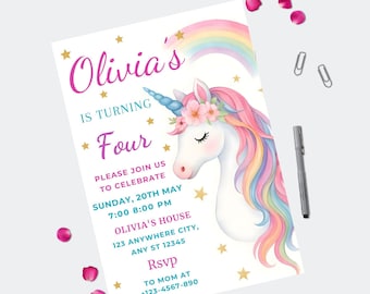 Invitación de cumpleaños de unicornio, invitación de fiesta mágica de arcoíris, fiesta de cumpleaños de unicornio arcoíris, invitación brillante editable en Canva