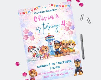 Modèle d'Invitation d'anniversaire paw-ty modifiable, faire-part de fête d'enfants, patrouille de chiots garçons et filles Bday, téléchargement numérique