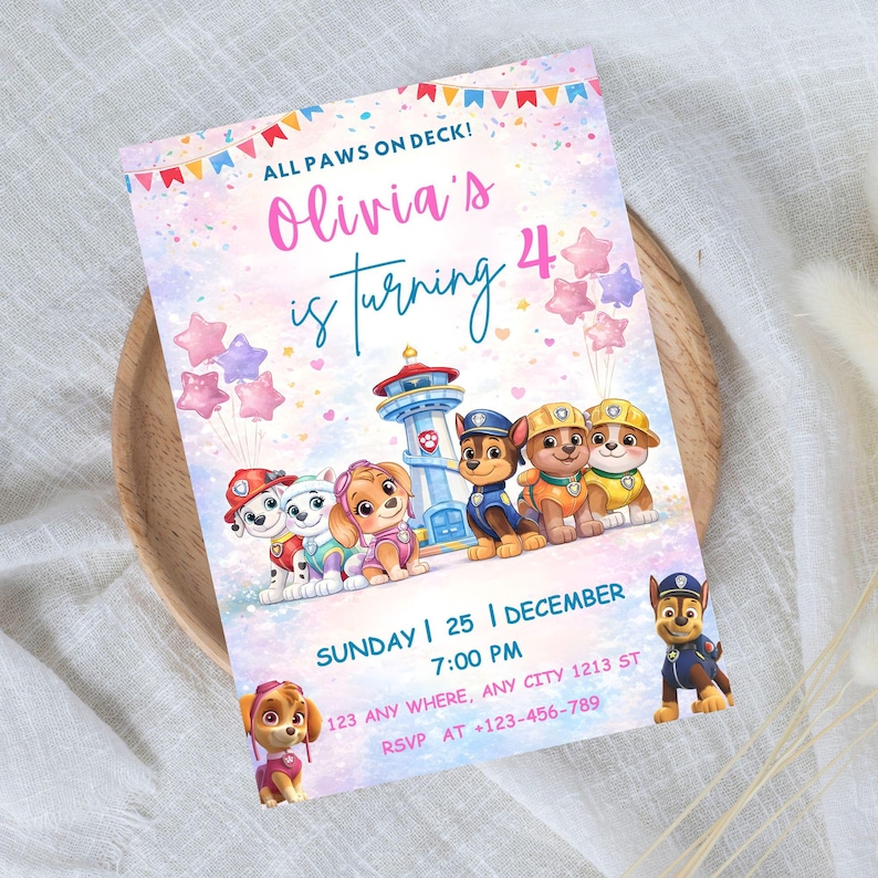 May include: A vibrant birthday invitation with Paw Patrol characters, featuring the text "Olivia's is turning 4". The invitation includes the date, time, and location details, with a decorative banner and star-shaped balloons.