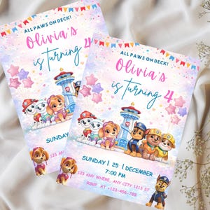 May include: Two party invitations with a Paw Patrol theme. The invitations feature the text "Olivia is turning 4" and include illustrations of the Paw Patrol characters, star-shaped balloons, and a lookout tower. The invitations are decorated with colourful confetti and a banner.