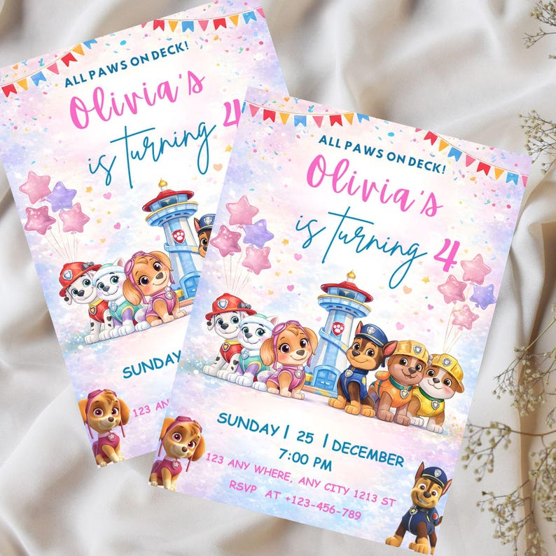 May include: Two party invitations with a Paw Patrol theme. The invitations feature the text "Olivia is turning 4" and include illustrations of the Paw Patrol characters, star-shaped balloons, and a lookout tower. The invitations are decorated with colourful confetti and a banner.