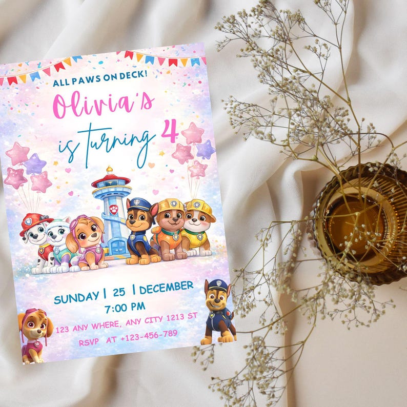 May include: A vibrant birthday invitation with the text "Olivia's is turning 4" and Paw Patrol characters. The invitation includes the date, time, and RSVP details. The design features stars, balloons, and a celebratory banner.