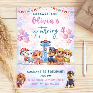 May include: A birthday party invitation with Paw Patrol characters, featuring the text "Olivia's is turning 4". The invitation includes the date, time, and location details. The design has a pastel colour scheme and star-shaped balloons.