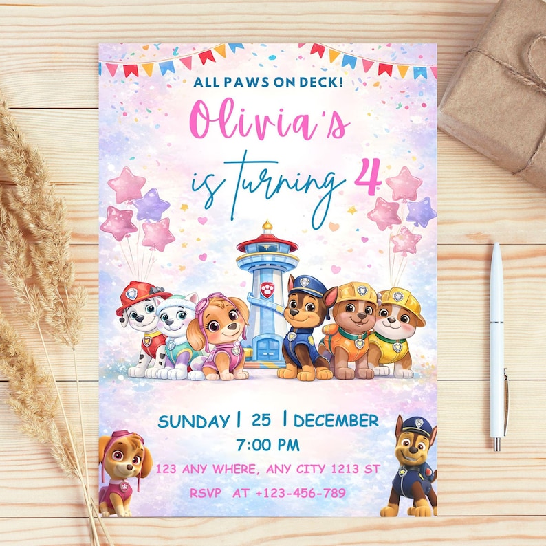 May include: A birthday party invitation with Paw Patrol characters, featuring the text "Olivia's is turning 4". The invitation includes the date, time, and location details. The design has a pastel colour scheme and star-shaped balloons.