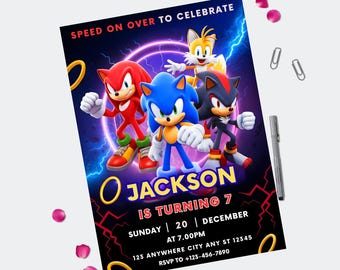 May include: A colorful birthday party invitation featuring Sonic the Hedgehog and friends. The invitation includes the text "SPEED ON OVER TO CELEBRATE" and details for a party, including the name "JACKSON", age, date, time, and RSVP information.