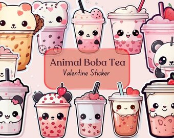 Animal Boba Tea Valentine Stickers | Printable Clipart Bundle PNG, JPG, PDF, Canva editable version