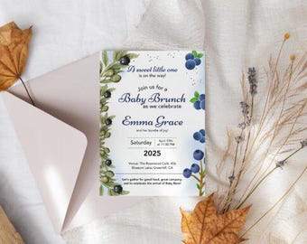 Blueberry Baby Brunch Invitation Template | Elegant Floral Baby Shower Invite