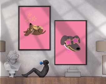 Lot de 3 affiches Teckel rose, téléchargement numérique, chien rigolo avec lunettes, décoration murale à imprimer, collection Coquette Aesthetic, décoration de chambre