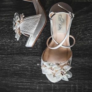 Flower Bride Shoes, Custom Bridal Shoes, Lace Bridal Heels, Chiffon Flower Wedding Shoes, High Heel Bride Shoes, Bridal Sandals