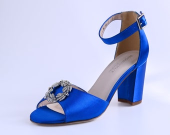 Royal Blue Wedding Shoes, Bridal Sandals, Block Heel Bridal Heels, Bling Bridal Shoes, Something Blue, Strappy Wedding Shoes