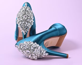 Sapatos de casamento com salto de cristal, sapatos de casamento azuis, sapatos de salto alto, saltos de noiva brilhantes, sapatos de casamento personalizados, saltos de casamento turquesa escuro