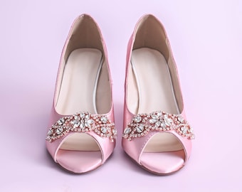 Blush Bridal Heels, Blush Wedge Shoes, Rose Gold Crystal Wedding