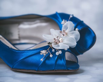 Flower Bridal Shoes, Custom Wedding Shoes, Chiffon Flower Shoes for Bride, Royal Blue Wedding Shoes, Blue Bridal Heels, Blue Bride Shoes