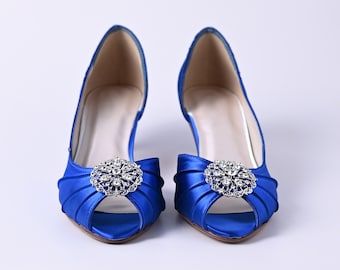 Eenvoudige trouwschoenen, iets blauwe trouwschoenen, vintage bruidsschoenen, aangepaste trouwschoenen, koningsblauwe bruidschoenen, blauwe bruids hakken
