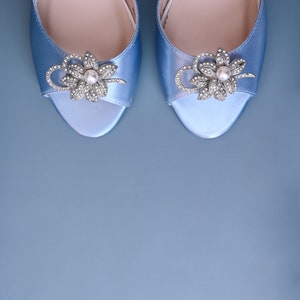 Something Blue Shoes for Bride, Blue Bridal Shoes, Cornflower Blue Wedding Shoes, Block Bridal Heels, Bling Wedding Shoes, Flower Bride Shoe