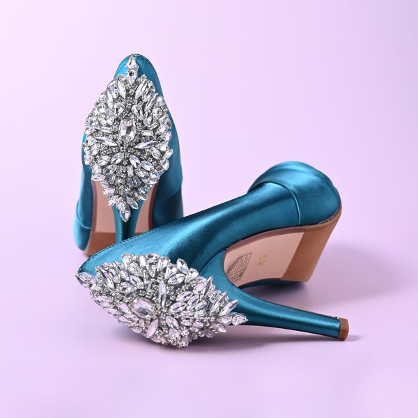 Chaussures De Mariage À Talons En Cristal, Chaussures De Mariage Bleues, Chaussures À Talons Hauts, Talons Bling Pour Mariée, Chaussures De Mariage Sur Mesure, Talons De Mariage Turquoise Foncé