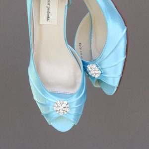 Simple Bridal Shoes, Aqua Wedding Shoes, Low Heel Bride Shoes, Light Blue Bridal Heels, Low Heel Wedding Shoes, Open Toe Bride Shoes