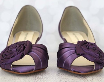 Wedding Shoes, Eggplant Wedding Shoes, Rosette Wedding Shoes, Kitten Heel, Peep Toes, Bridal Shoes, Flower Wedding Shoe, Purple Wedding Shoe