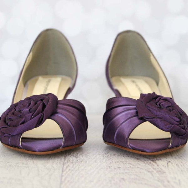 Eggplant Bridal Shoes, Rosette Wedding Heels. Custom Wedding Shoes, Purple Shoes for Bride, Wide Width Bridal Shoes, Purple Accessories
