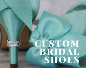 Custom Bridal Shoes, Aqua Wedding Shoes, Low Heel Bride Shoes, Wedding Shoes with Bow, Something Blue Wedding Shoes, Light Blue Bridal Heels