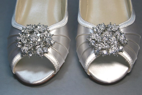 Items similar to Wedding Shoes -- Ivory Peeptoe Wedges with Silver ...