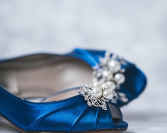 Pearl Bridal Shoes, Custom Wedding Shoes, Simple Wedding Shoes for Bride, Royal Blue Wedding Shoes, Blue Bridal Heels, Blue Bride Shoes