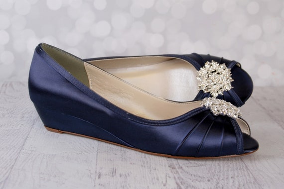 Navy Blue Wedge Wedding Shoes Low Heel Wedding Shoes Navy Etsy