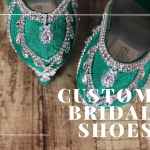 Custom Bridal Shoes, Emerald Wedding Shoes, Green Bride Shoes, Wedding Wedges, Lace Wedding Shoes, Silver Crystal Bridal Wedges