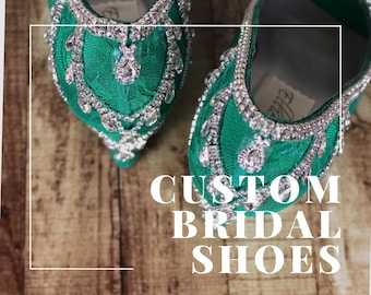 Custom Bridal Shoes, Emerald Wedding Shoes, Green Bride Shoes, Wedding Wedges, Lace Wedding Shoes, Silver Crystal Bridal Wedges