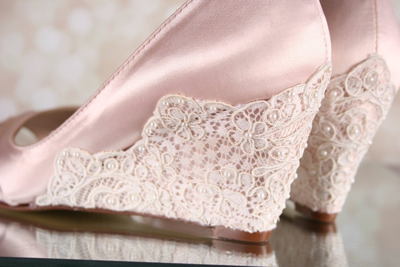 Blush Wedding Shoes Lace Wedge Wedding Shoes Lace Heel Etsy