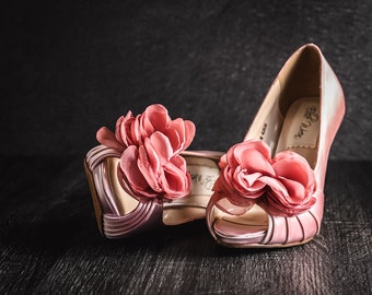 Custom Bridal Shoes, Flower Bride Shoes, Pink Wedding Shoes, Chiffon Flower  Shoes, High Heel Bride Shoes, Layered Flower Wedding Heels