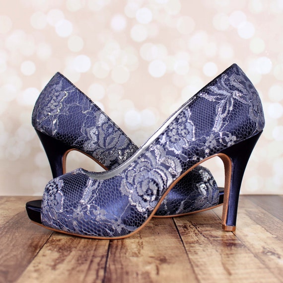Navy Blue Wedding Shoes for Bride Lace 