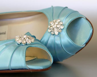 Aqua Wedding Shoes, Simple Bridal Shoes, Low Heel Bride Shoes, Light Blue Bridal Heels, Low Heel Wedding Shoes, Open Toe Bride Shoes