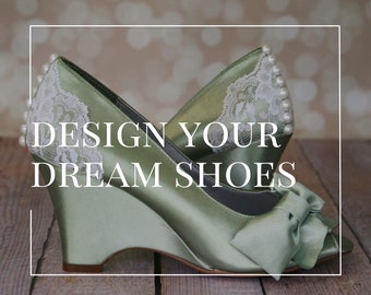 Custom Wedding Shoe Consultation, Design Your Own Bridal Shoes, Lace Wedding Shoes, Wedge Bride Shoes, Green Bridal Heels, Bow Wedding Shoes