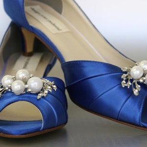 Blue Wedding Shoes, Kitten Heel, Peep Toes, Pearl and Crystal Wedding ...