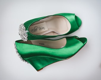 Green Bridal Wedges, Green Bridal Heels, Wedge Bridal Shoes, Wedding Wedges, Green Wedding Shoes, Green Shoes for Bride, Simple Wedge Heels